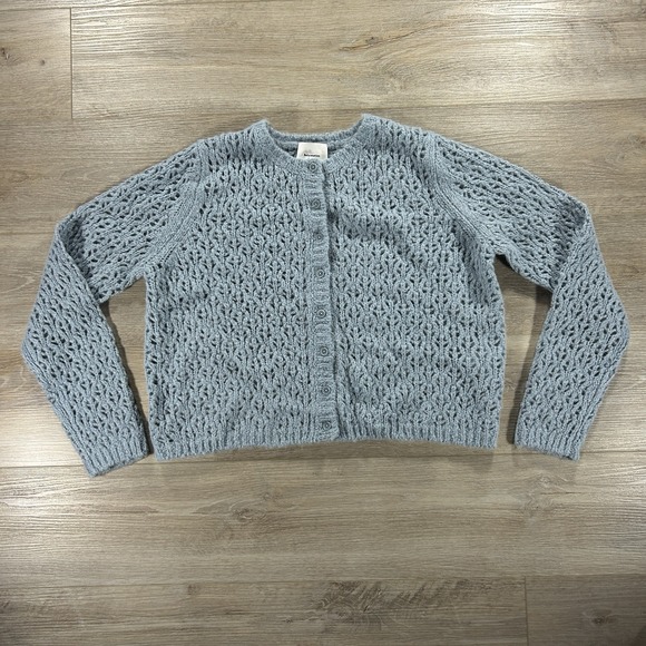 Reformation Medium Clara Merino Wool Alpaca Mineral Pointelle Blue Knit Cardigan - Picture 2 of 12